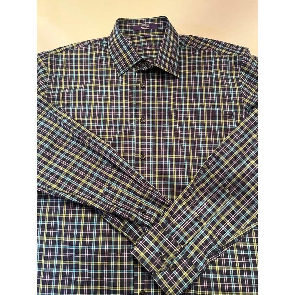 Alan Flusser Men's Long Sleeve Button Up Shirt Blue Purple Green Size Large